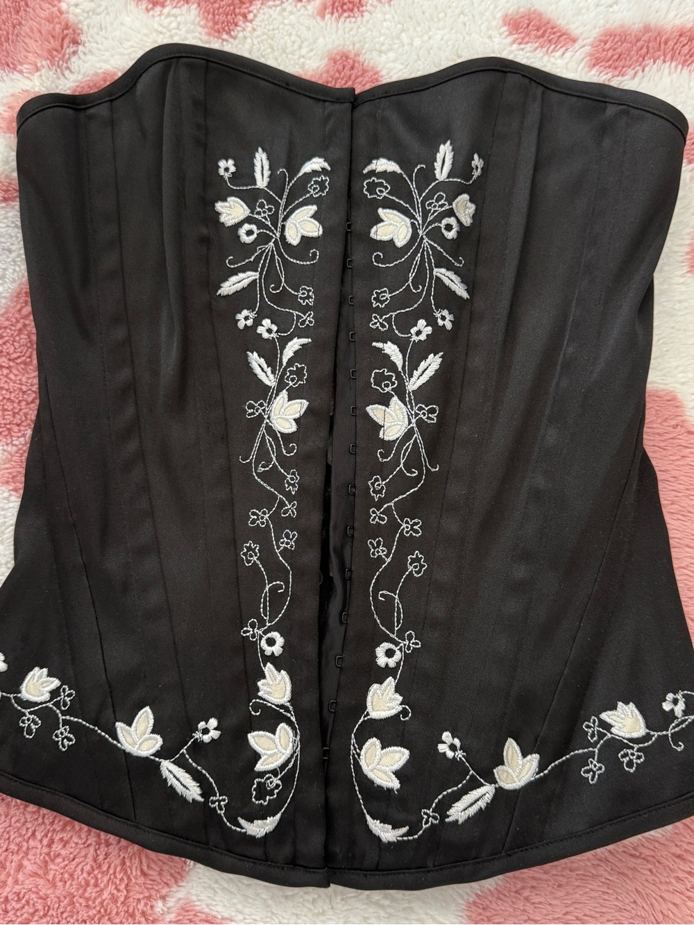 Y2K Coquette Black Embroidered Corset Top with White Floral | Lace Up Waist S